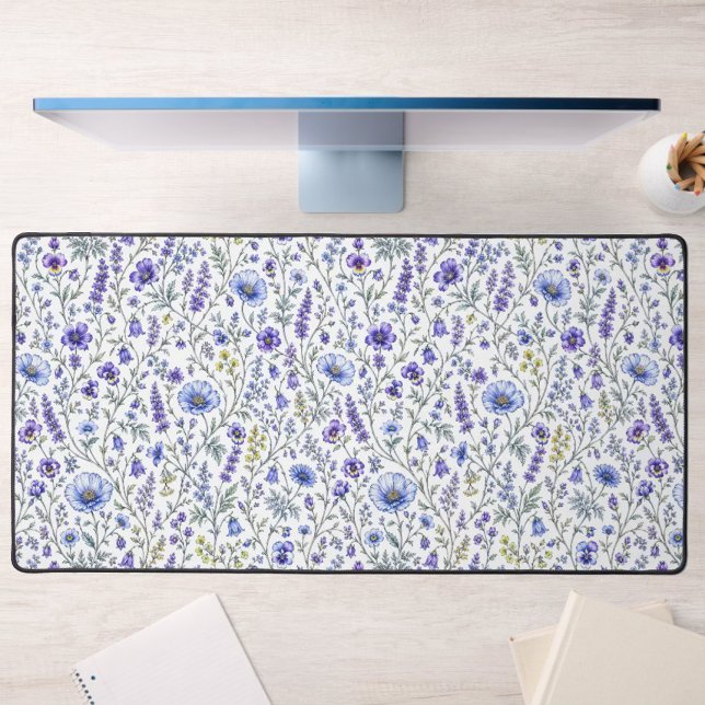 Blue Purple Watercolor Wildflower Pattern Desk Mat (Creator Uploaded)