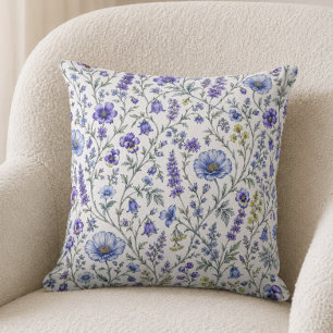 Blue Purple Watercolor Wildflower Pattern Throw Pillow