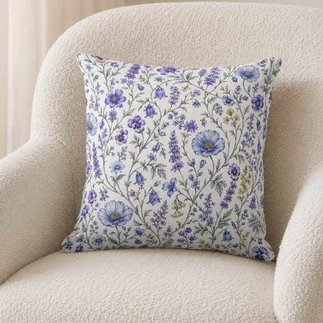 Blue Purple Watercolor Wildflower Pattern Throw Pillow (Creator Uploaded)