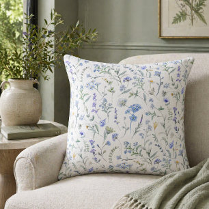 Blue Purple Watercolor Wildflower Throw Pillow