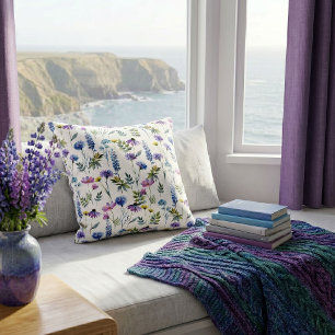 Blue Purple Watercolor Wildflower Throw Pillow