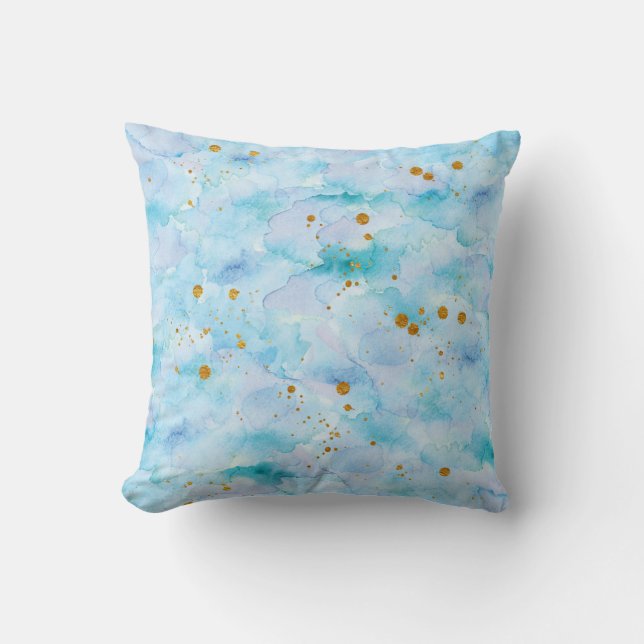 Blue purple watercolour pillow with gold splats (Front)