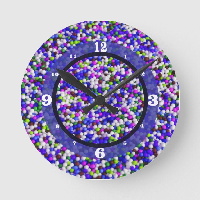 Blue Purple White Candy Balls Numbered Round Clock (Front)