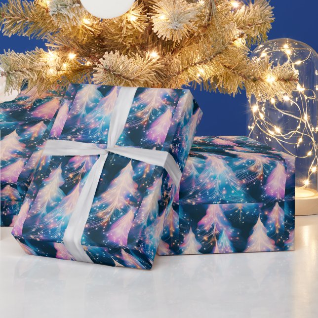 Blue Purple White Trees Modern Christmas Wrapping Paper (Holidays)