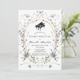 Blue Purple Wildflower Piano White Recital Invitation