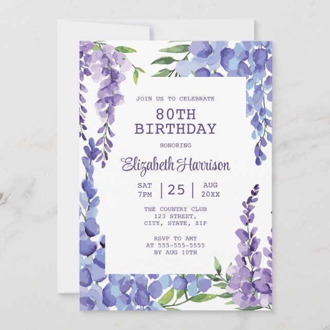 Blue Purple Wisteria Floral 80th Birthday  Invitation (Front)