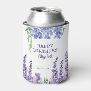 Blue Purple Wisteria Floral Greenery Birthday Can Cooler