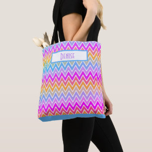 Blue Purple Yellow Rainbow Chevron Monogrammed Tote Bag
