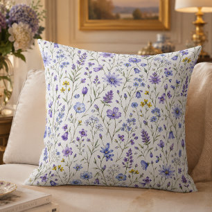 Blue Purple Yellow Watercolor Wildflower Pattern Throw Pillow