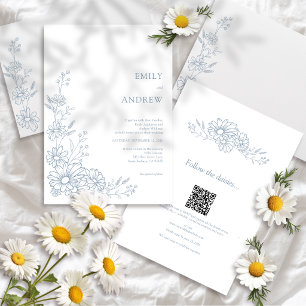 Blue QR Code Botanical All In One Wedding Invitation