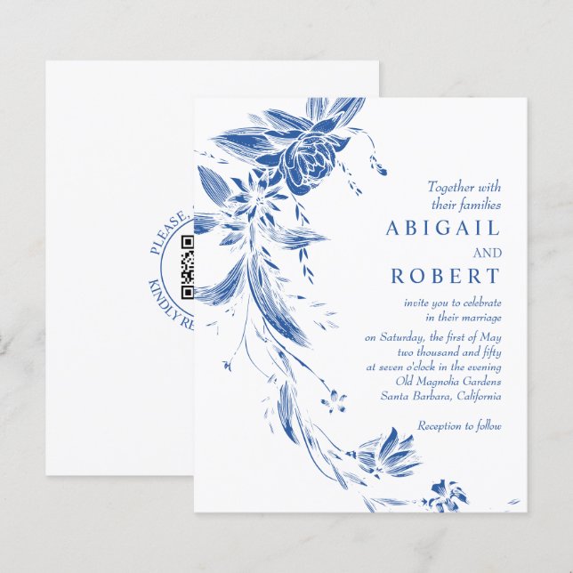 Blue QR code floral BUDGET wedding invitation (Front/Back)
