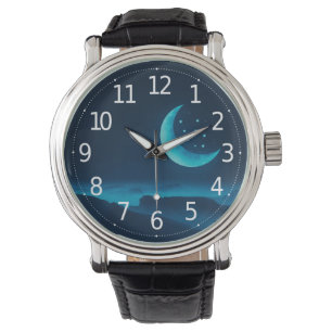 Blue Quarter Moon and Mountains   Men's Watch