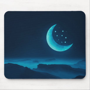 Blue Quarter Moon and Mountains   Mouse Pad