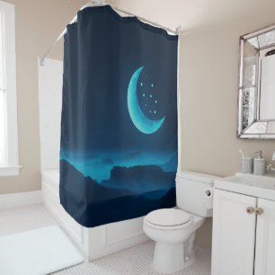 Blue Quarter Moon and Mountains   Shower Curtain