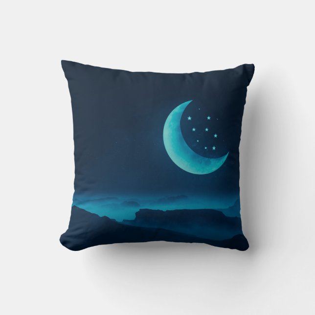 Blue Quarter Moon and Mountains | Throw Pillow (Front)