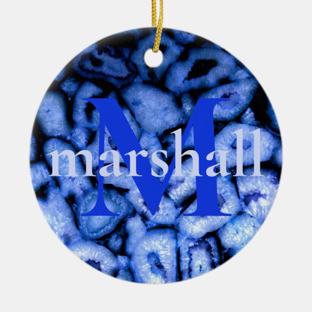 Blue Quartz Agate Geodes monogram Ceramic Ornament (Front)