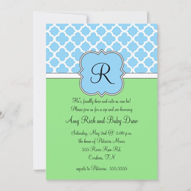 Blue Quatrafoil Monogram Sip and See Invitation (Front)