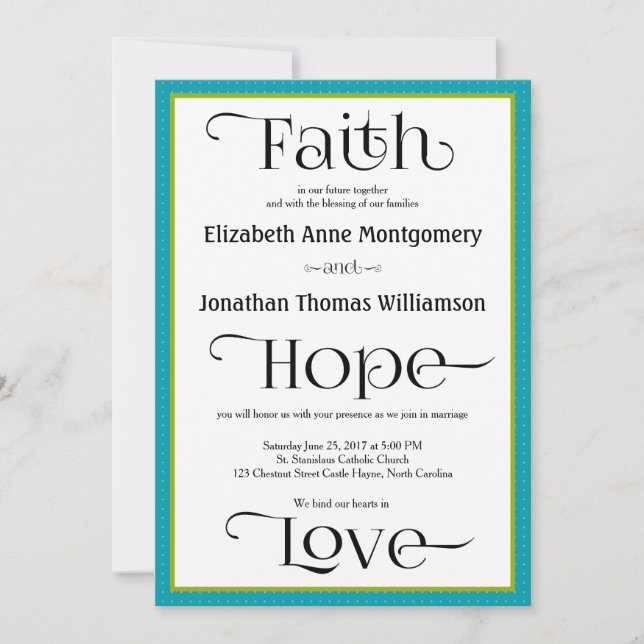 Blue Quatrefoil Christian Wedding Invitation (Front)