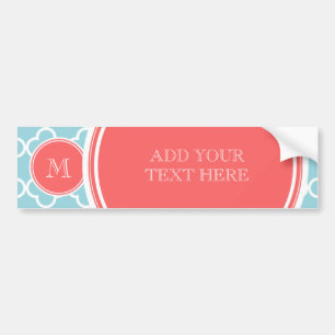 Blue Quatrefoil Pattern, Coral Monogram Bumper Sticker