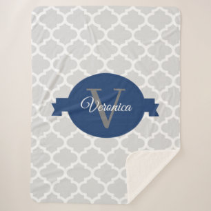 Blue Quatrefoil Personalized Monogram Sherpa Blanket