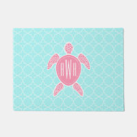 Blue Quatrefoil + Pink Sea Turtle Monogram Doormat