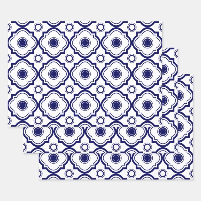 Blue Quatrefoil Wrapping Paper Sheet (Set)