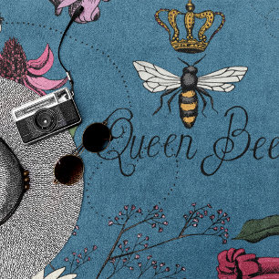 Blue Queen Bee Floral Pattern Beach Towel