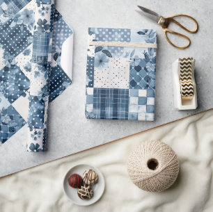 Blue Quilt Gingham Cottagecore Floral Wrapping Paper
