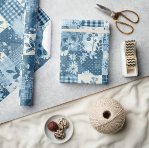 Blue Quilt Gingham Cottagecore Floral Wrapping Paper