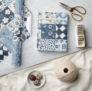 Blue Quilt Gingham Cottagecore Floral Wrapping Paper