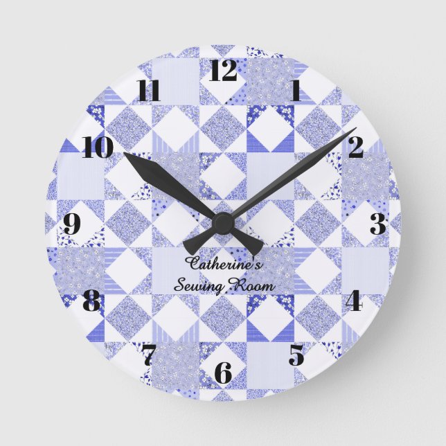 Blue quilting clock sewing room quilt decor (Front)