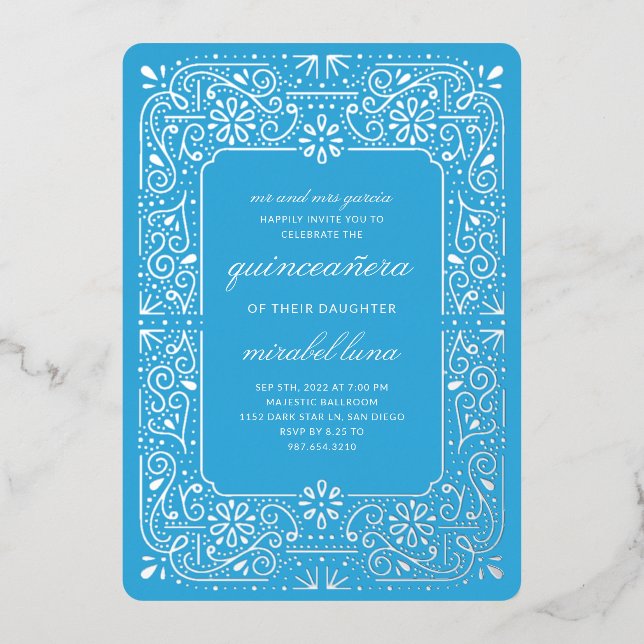 Blue Quinceañera invitaciones Foil Invitation (Recto)