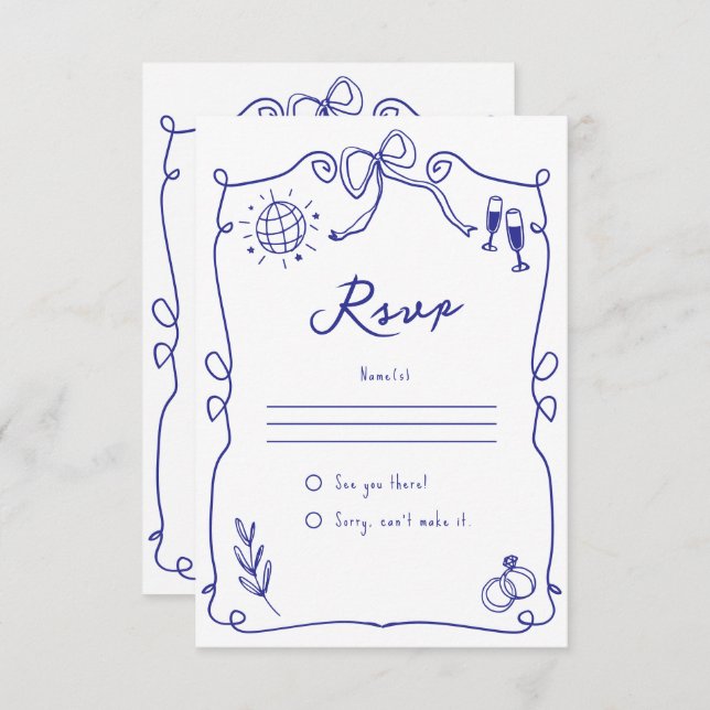 Blue Quirky Whimsical Quirky Hand drawn Wedding RSVP Card (Front/Back)