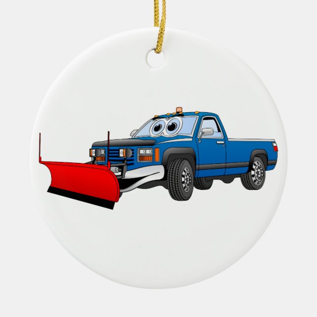 Blue R Pick Up Snow Plow Cartoon Ceramic Ornament (Front)