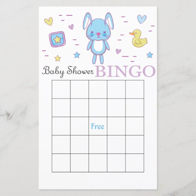 Blue rabbit baby shower bingo card (Front)