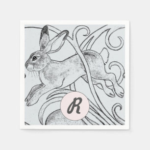 Blue Rabbit Bunny Hare Easter Monogram Art Deco Napkin