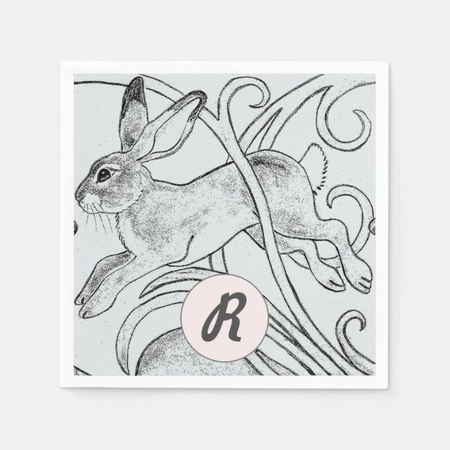 Blue Rabbit Bunny Hare Easter Monogram Art Deco Napkin (Front)