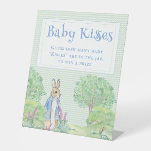 Blue Rabbit Gingham Baby Kisses Baby Shower Game Pedestal Sign
