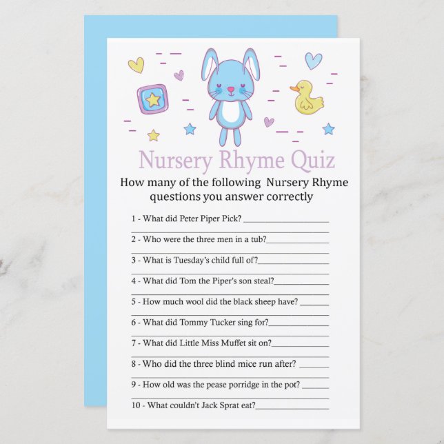 Blue Rabbit Nursery Rhyme Quiz baby shower game (Front/Back)