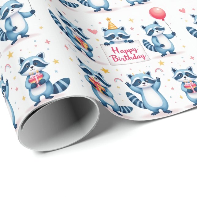 Blue Raccoon Birthday Celebration Scene - Birthday Wrapping Paper (Roll Corner)