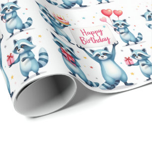 Blue Raccoon Birthday Celebration Scene - Birthday Wrapping Paper