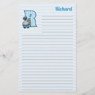 Blue Raccoon Mongram Letter R with Name Lined Stationery