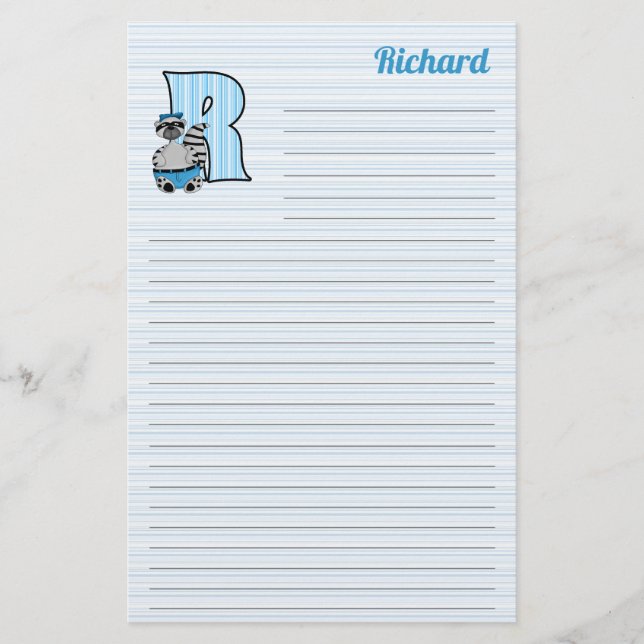 Blue Raccoon Mongram Letter R with Name Lined Stationery (Front)