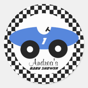 Blue Race Car Baby Shower Classic Round Sticker