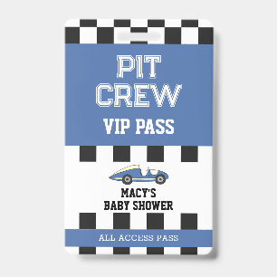Blue Race Car Baby Shower Party Pit Crew VIP Pass Badge