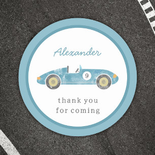 Blue race car birthday invitation classic round sticker