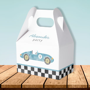 Blue race car birthday invitation favor box