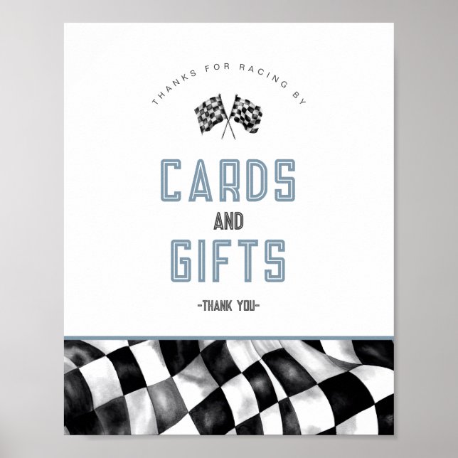 Blue Race Car Birthday Party Cards and Gifts Sign (Front)