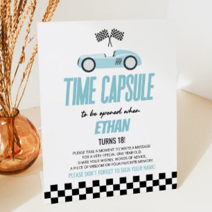 Blue Race Car Birthday Party Time Capsule Pedestal Sign