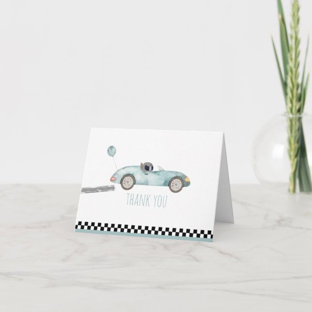 Blue Race Car Birthday Thank You Card (Front)